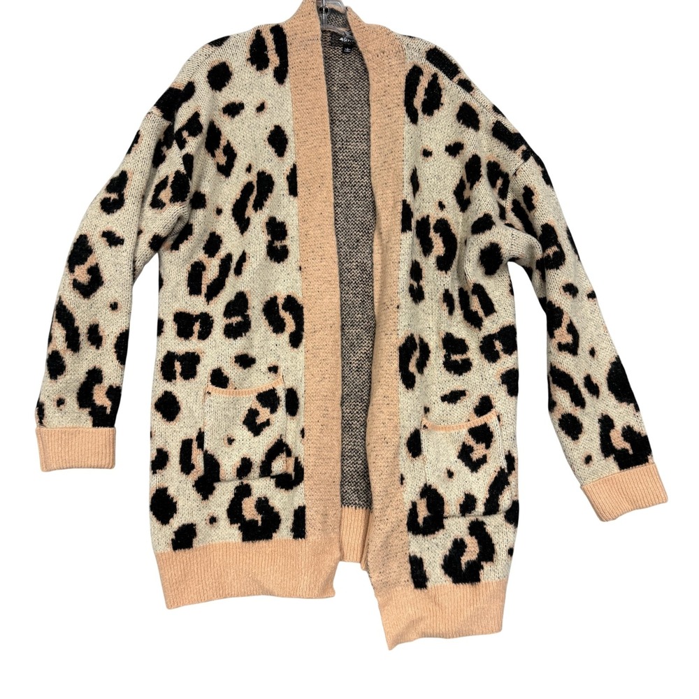 4SI3NNA Cardigan Sweater Womens Large Beige Leopard Open Front‎ Pockets Knit